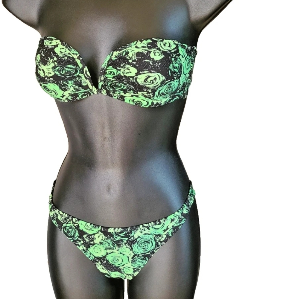 H&M Green and Black Floral Bra Intimates 2 Piece Swimsuit Strapless Polyamide S